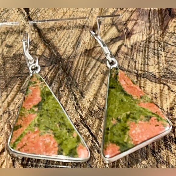 Triangular Unakite Jasper Earrings 1 1/2” - Picture 4 of 10